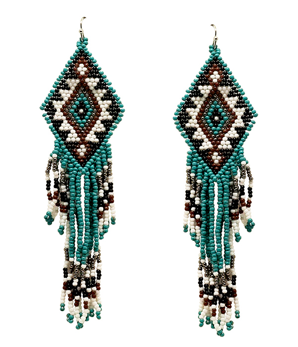 Handmade multi seedbead tasel drop aztec pattern earring