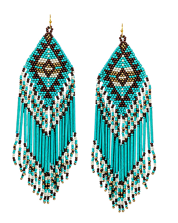 Handmade multi seedbead tassel drop aztec pattern earring