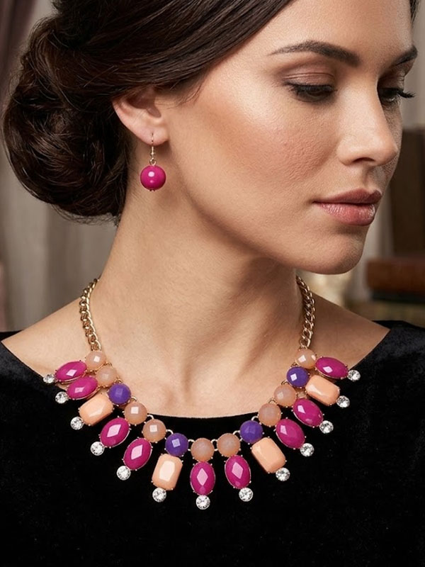 Multi color and shape acrylic link statement necklace earring set