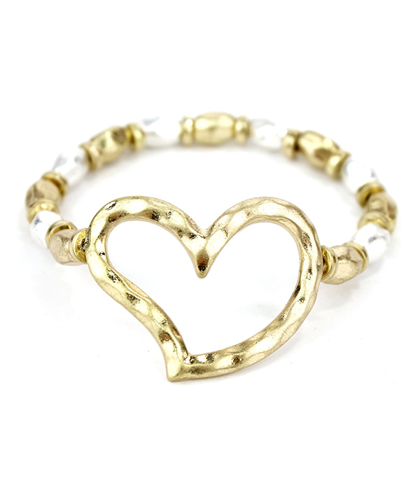 Hammered heart and metal bead stretch bracelet