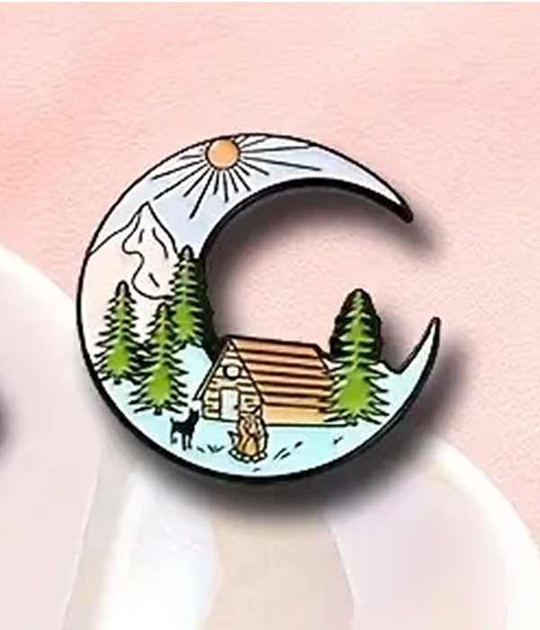 Camping theme landscape brooch or pin - moon and cabin