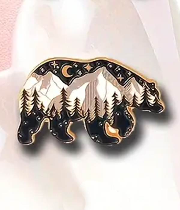 Camping theme landscape brooch or pin - bear