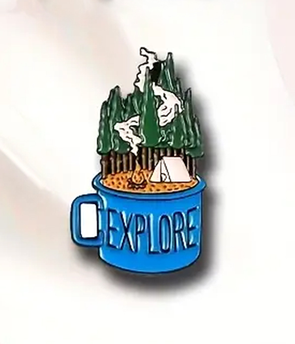 Camping theme landscape brooch or pin - hot cocoa