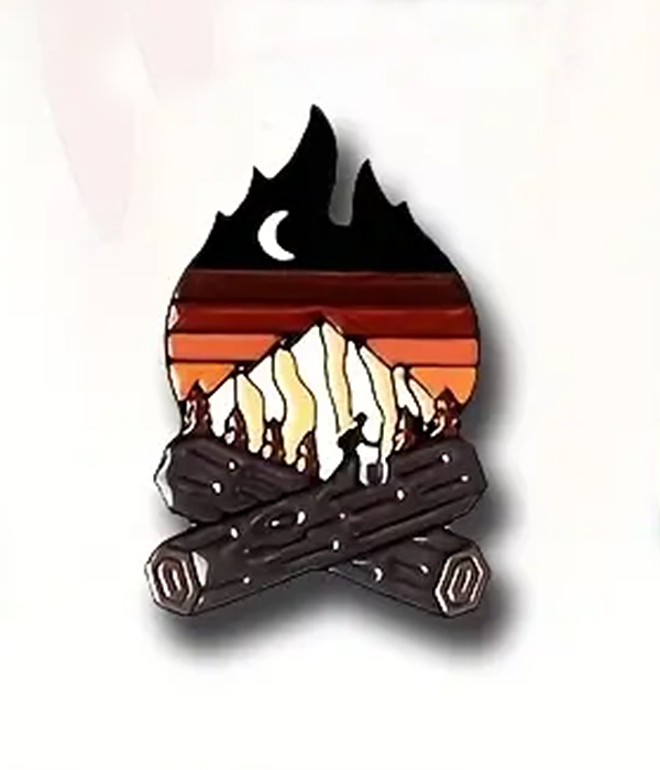 Camping theme landscape brooch or pin - camp fire