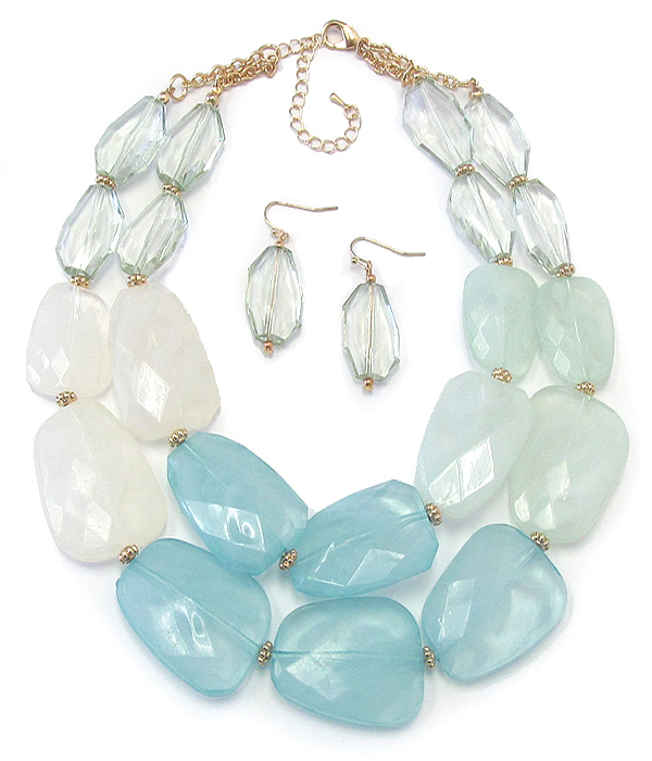 Chunky multi color facet resin stone double chain necklace earring set