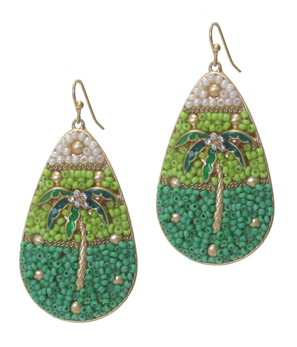 Handmade seedbead art teardrop earring - palm tree