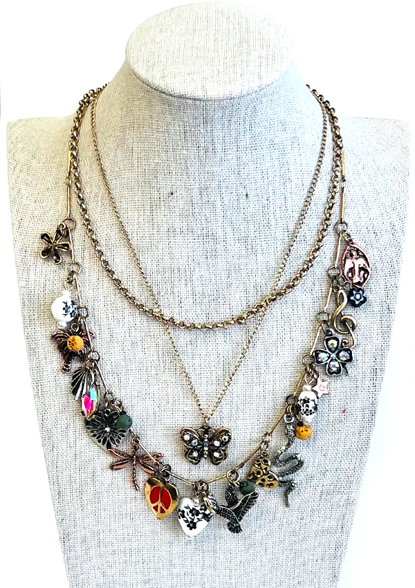 Vintage art multi layer and charm dangle double necklace