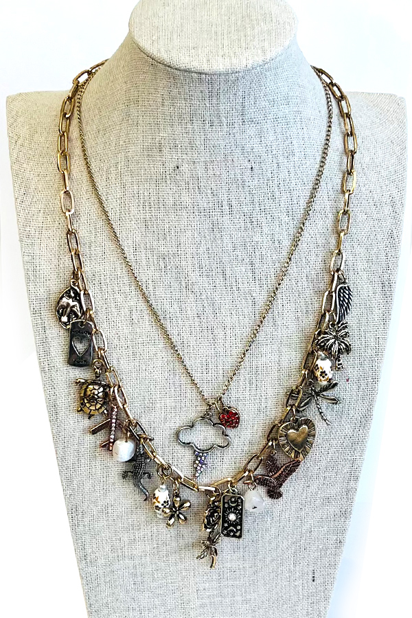 Vintage art double layer and charm dangle double necklace