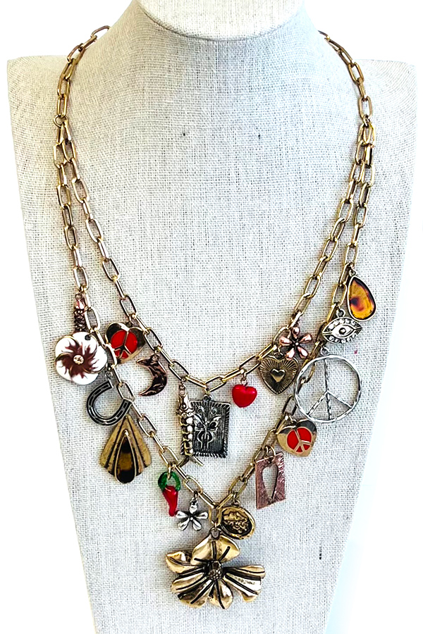 Vintage art double layer and charm dangle necklace