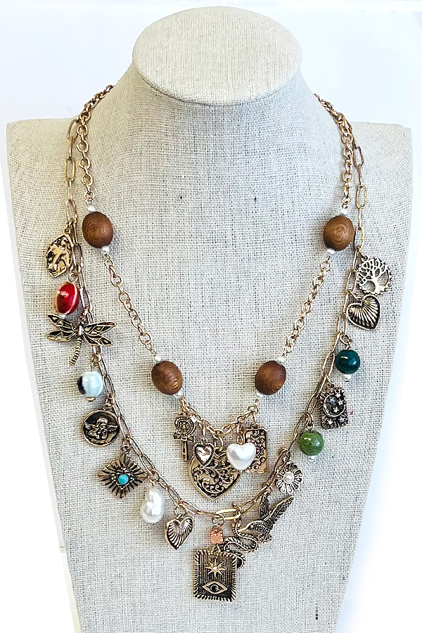 Vintage art double layer and charm dangle double necklace