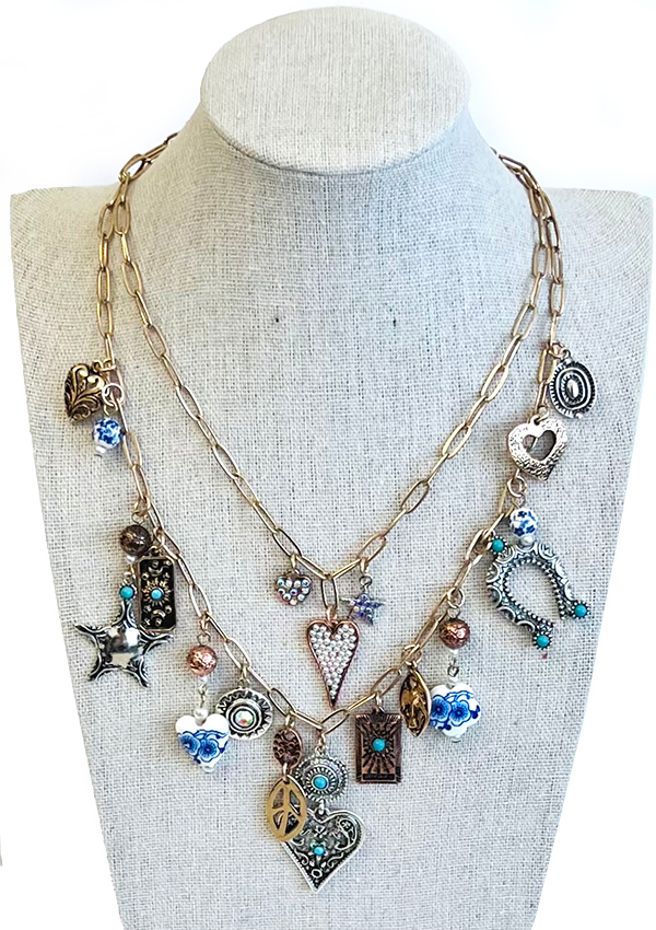 Vintage art double layer and charm dangle double necklace