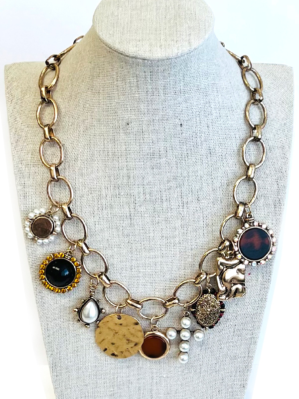 Vintage multi charm dangle necklace