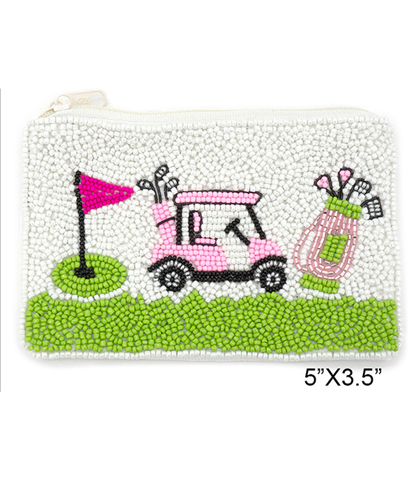 SPORT THEME HANDMADE MULTI SEEDBEAD WALLET COIN PURSE - GOLF