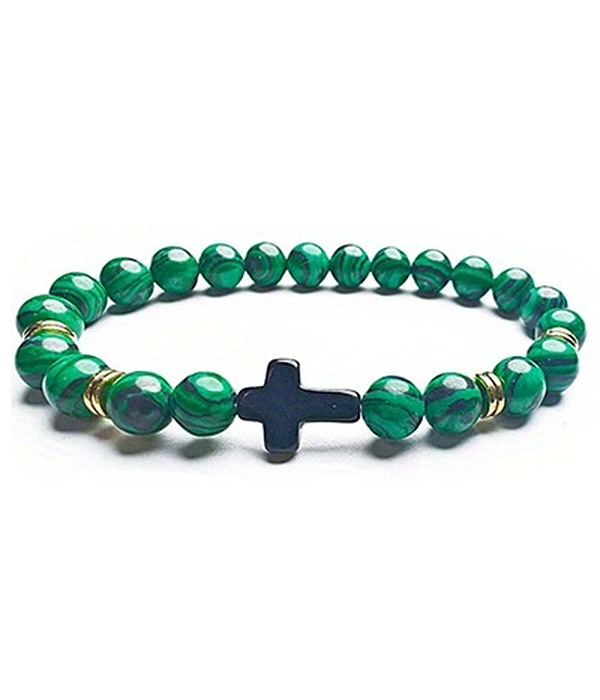 Semi precious stone cross stretch bracelet - malachite