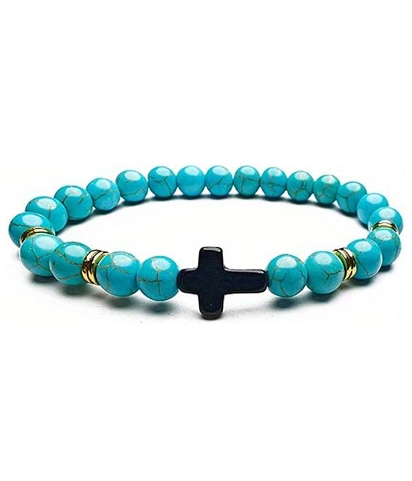 Semi precious stone cross stretch bracelet - turquoise