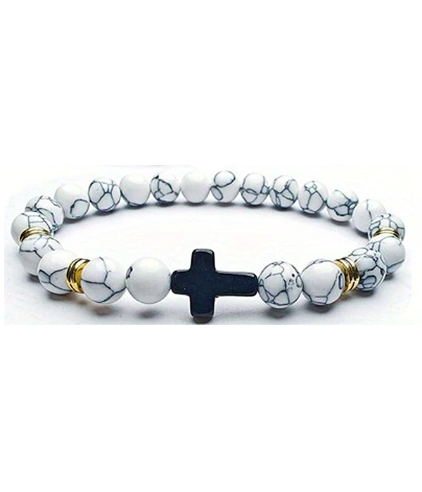 Semi precious stone cross stretch bracelet - howlite