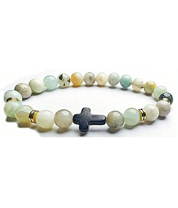 Semi precious stone cross stretch bracelet - amazonite