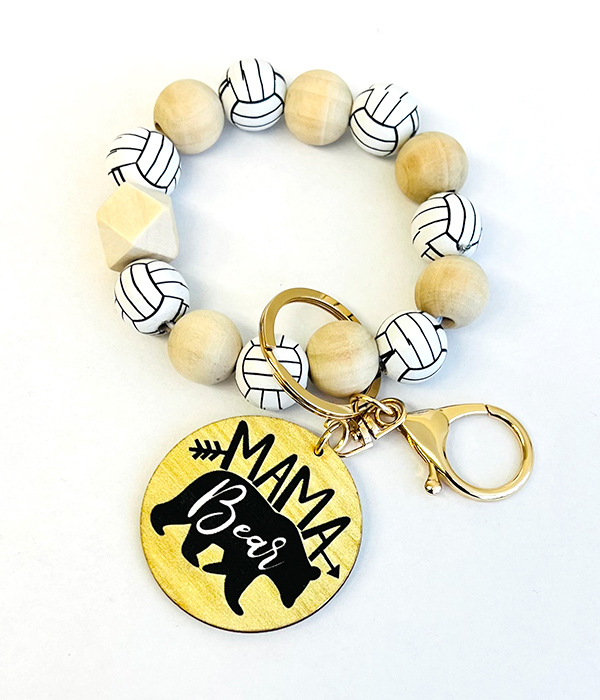Sport theme wood bead and pendant bracelet and keychain - volleyball