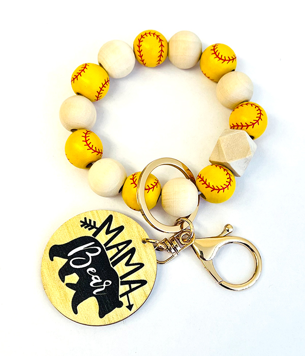 Sport theme wood bead and pendant bracelet and keychain - softball