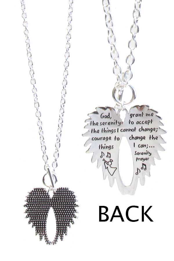 RELIGIOUS INSPIRATION MESSAGE ANGEL WING TOGGLE NECKLACE - SERENITY PRAYER