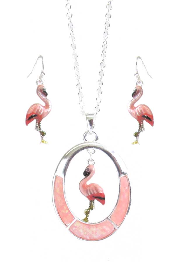 TROPICAL THEME EPOXY OVAL RING PENDANT NECKLACE SET - FLAMINGO
