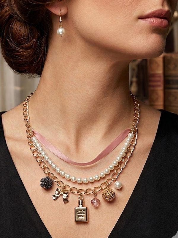 Perfume bottle and multi charm and pearl chain statement necklace set