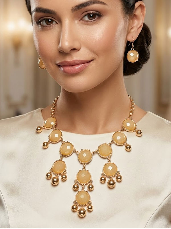 Multi puffy stone link drop bubble statement necklace earring set