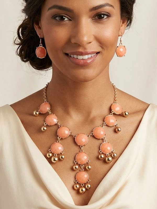 Multi puffy stone link drop bubble statement necklace earring set