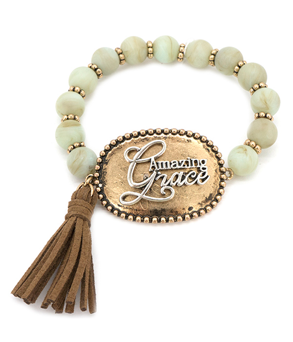 Religious inspiration tassel and semi precious stone stretch bracelet - amazing grace