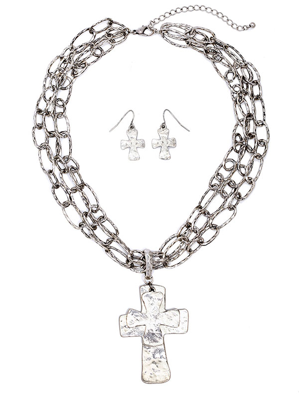 Handcraft cross pendant and triple chain necklace set
