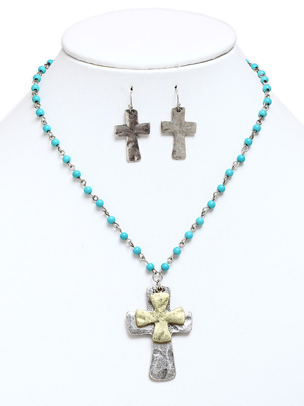 Handcraft double cross and pearl chain necklace set
