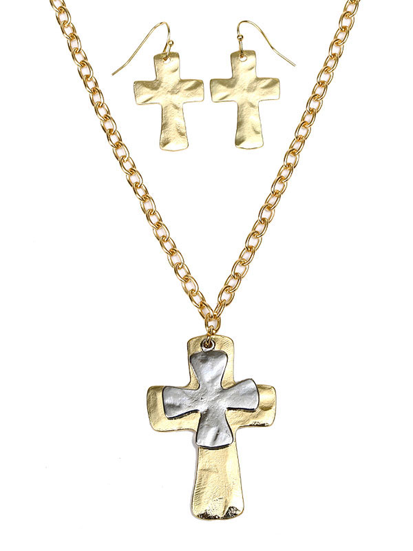Handcraft double cross pendant necklace set