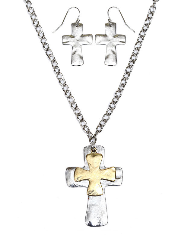 Handcraft double cross pendant necklace set