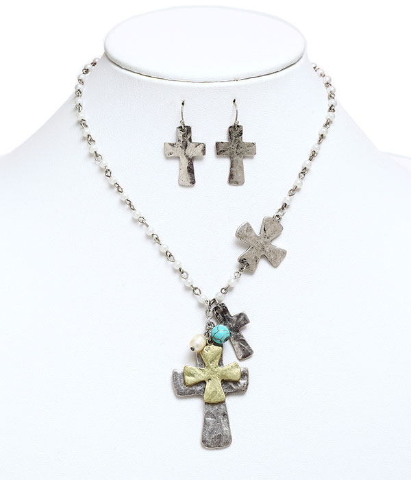 Handcraft multi cross and pearl chain necklace set