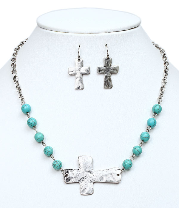 Handcraft cross and turquoise bead chain necklace set