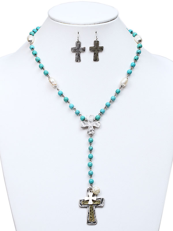 Handcraft cross turquoise bead rosary necklace set