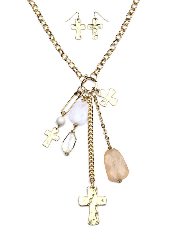 Cross and semi precious stone pendant necklace set