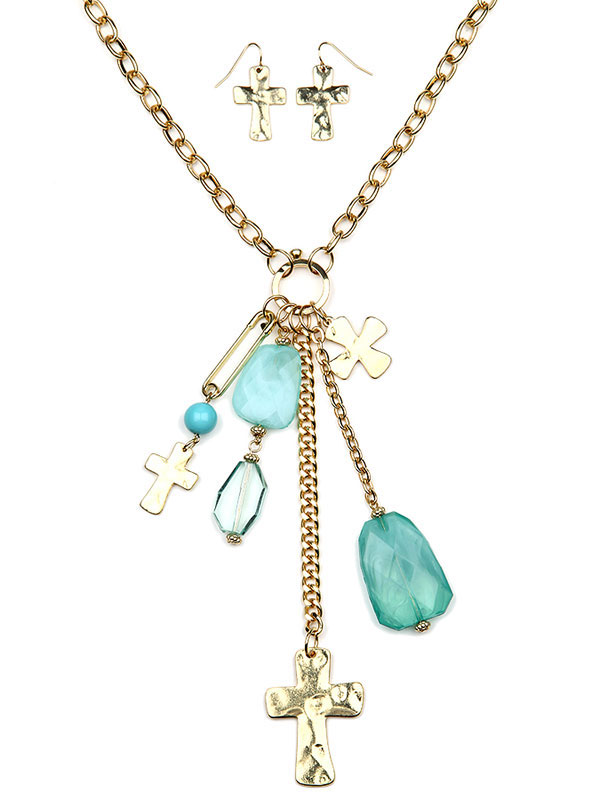 Cross and semi precious stone pendant necklace set