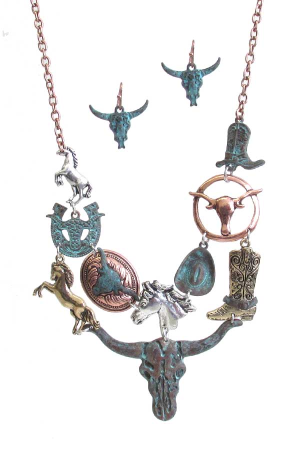 Western theme multi charm link chunky statement necklace set - long horn