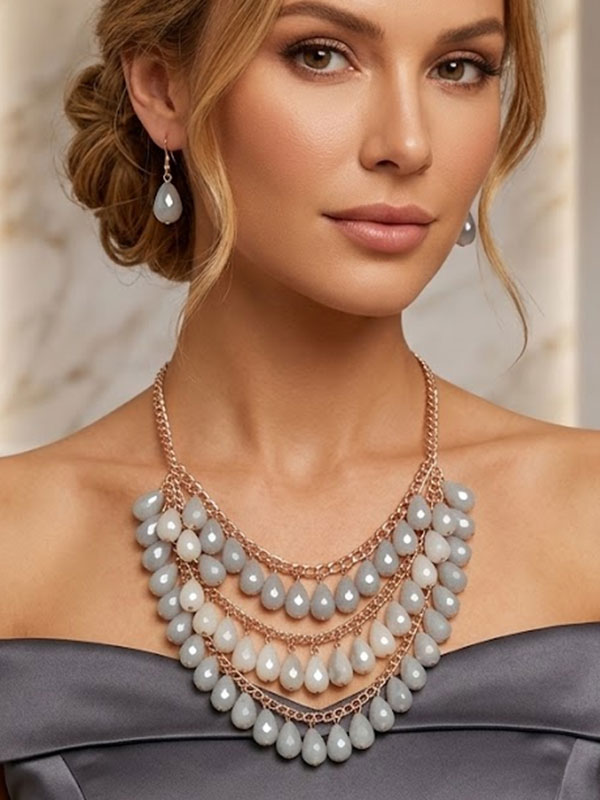 Chunky facet genuine stone dangle statement necklace set