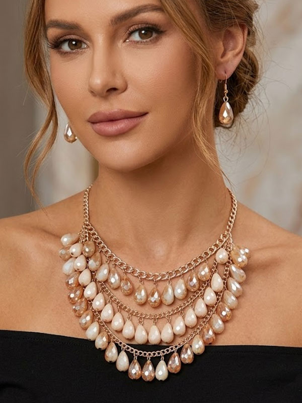 Chunky facet genuine stone dangle necklace set