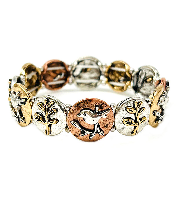 Vintage metal bird and branch stretch bracelet