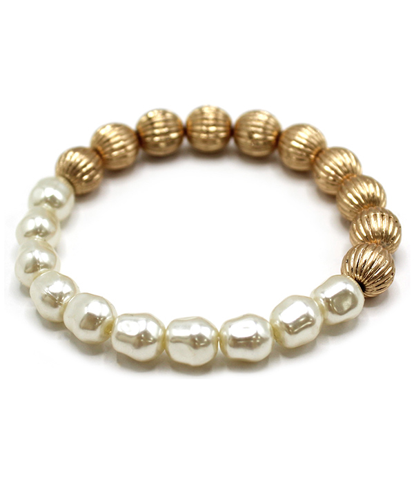 FRESH WATER PEARL AND METAL BALL MIX STRETCH BRACELET