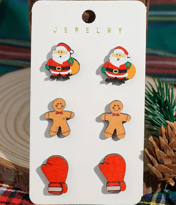 Christmas theme 3 pair wood earring set