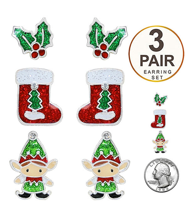 Christmas theme epoxy 3 pair earring set