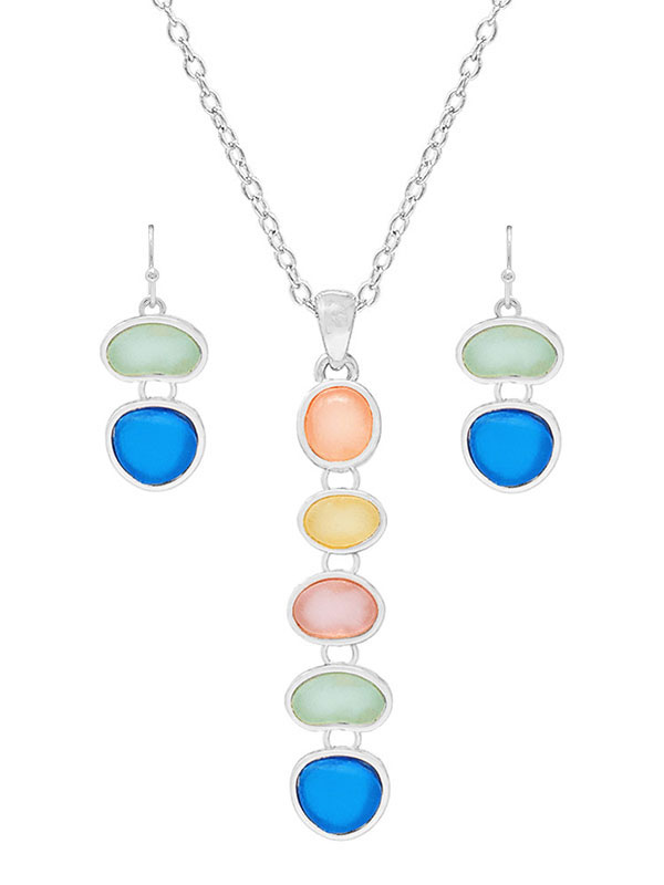 Seaglass link drop pendant necklace set