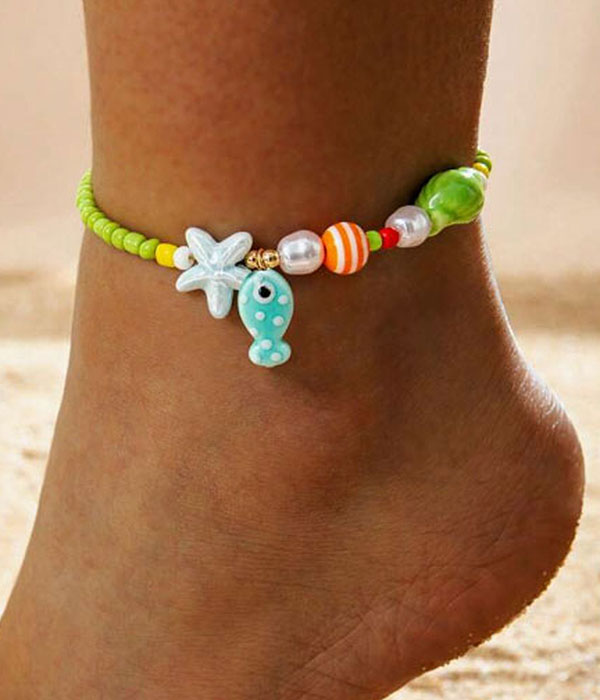 Sealife theme resin seedbead and fish charm anklet