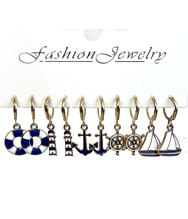 Nautical theme epoxy 5 earring set