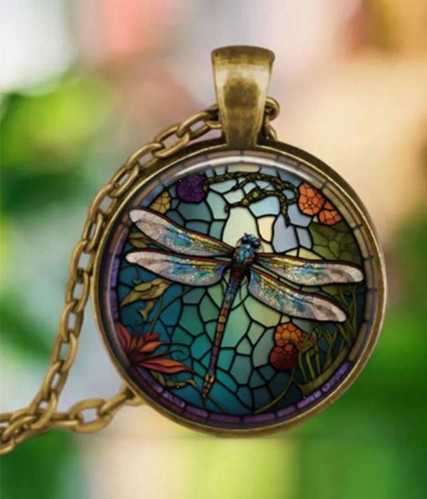 Puff glass dome pendant necklace - dragonfly