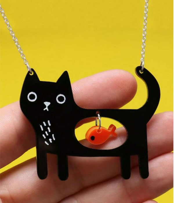 Black cat and fish acrylic pendant necklace